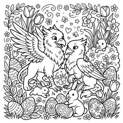 Discover a truly magical Easter scene with this enchanting coloring page, showcasing two delightful albino griffins intertwined with playful bunnies and an abundance of festive eggs. Immerse yourself in the charm of springtime as you bring this unique celebration to vibrant life.