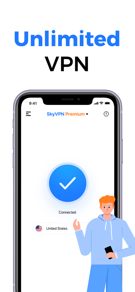 SkyVPN app interface on iPhone showing a successful connection to a US server