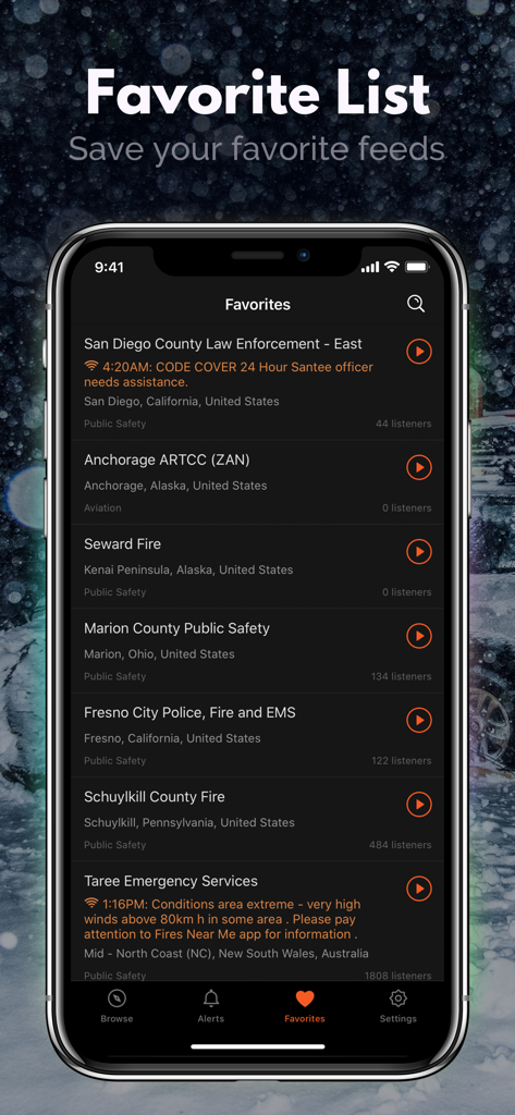 The favorites list screen in the Police Scanner app showing saved law enforcement and fire radio feeds