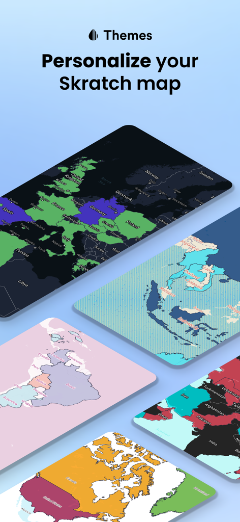 A showcase of different personalized map themes and color styles available in the Skratch app