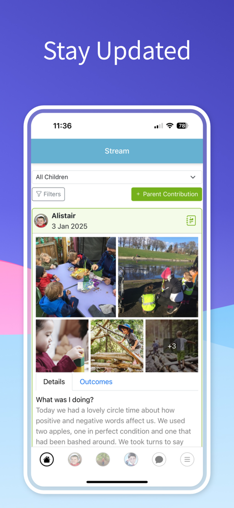Mobile app interface of Learning Journals ParentZone showing child activity updates and learning photos.