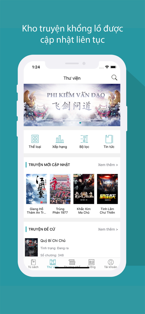 Mobile interface of the Tang Thu Vien TTV app displaying a library of Vietnamese web novels with featured banners and categories.