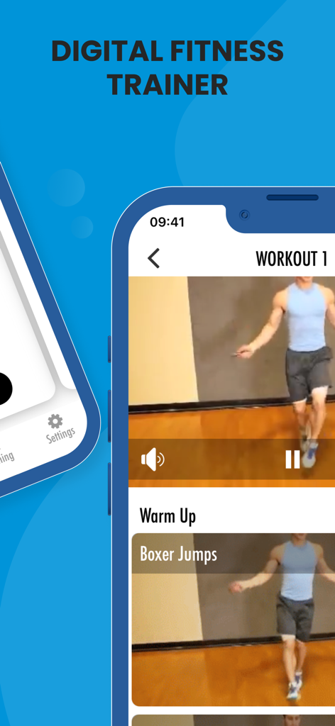 Muay Thai Training - Muay Thai Training app interface displaying a warm up video for boxer jumps.