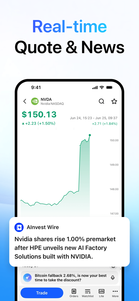 AInvest: AI Stock Investing - Interfaccia dell'app AInvest che mostra il prezzo in tempo reale delle azioni NVIDIA e un avviso di notizie