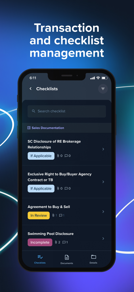 SkySlope mobile app interface showing real estate transaction checklists with document statuses like In Review and Incomplete