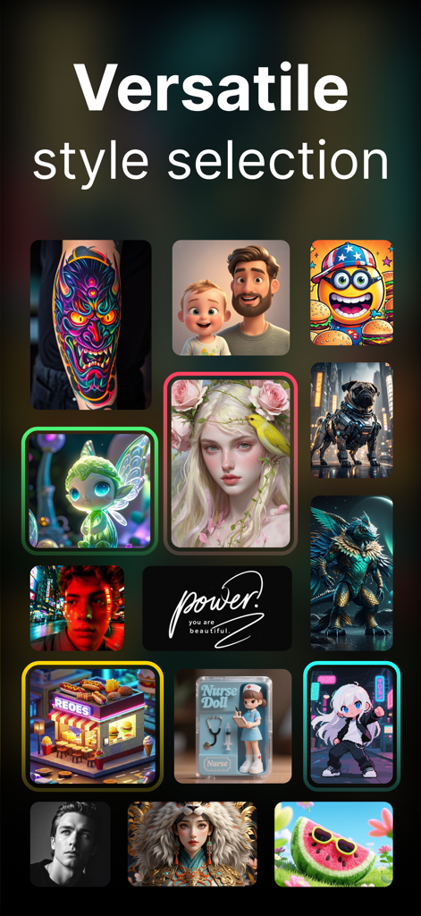 A collection of diverse AI-generated images showcasing different artistic styles available in the Creative AI app.