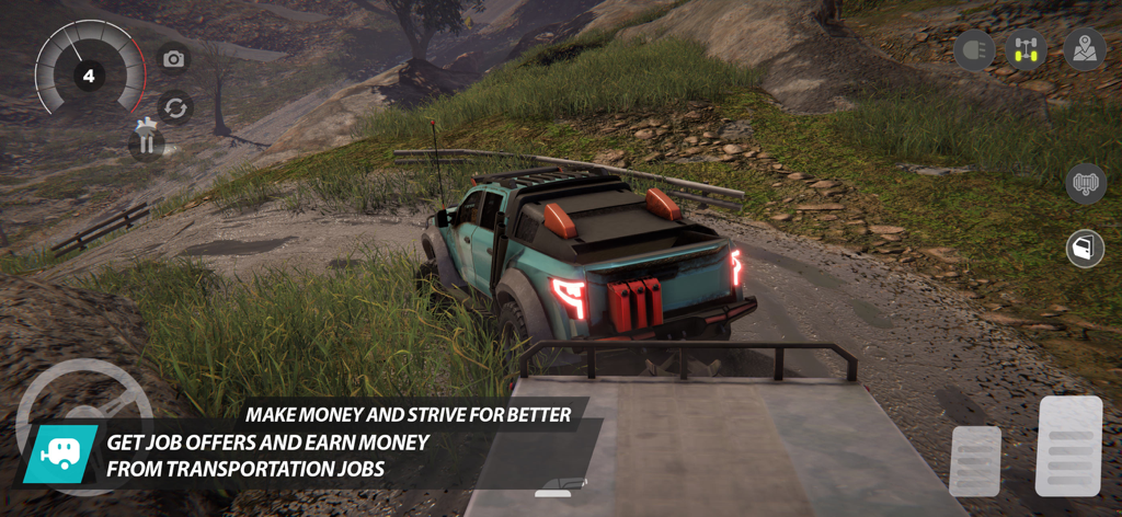 A customized turquoise off-road truck navigating a muddy mountain path during a transportation mission in Offroad League Online.