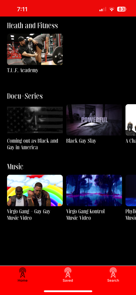 Signal 23 Television - Screenshot of Signal 23 Television app interface displaying health docu-series and music categories focused on Black LGBTQIA content