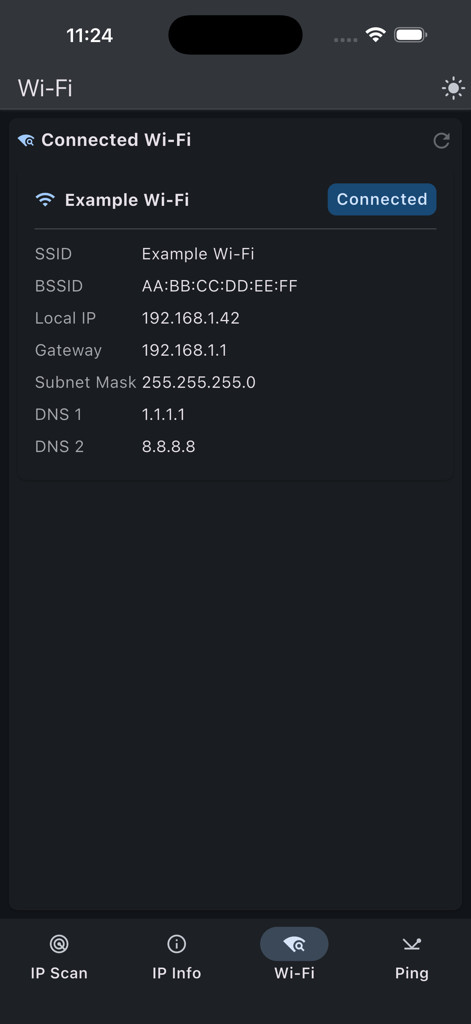 Advanced IP Scanner interface displaying connected Wi-Fi network information including IP address and DNS details