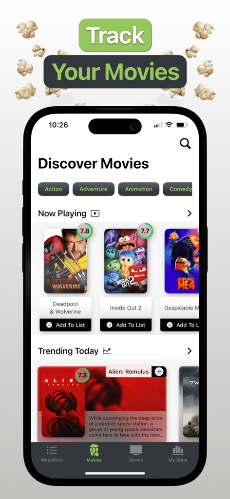 A smartphone displaying the Movie Diary app discover page with trending movie titles and genre filters like action and animation