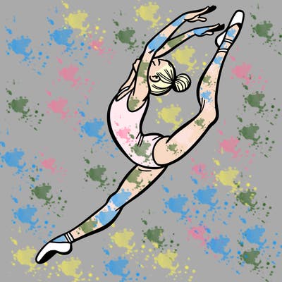 gymnast doing a leap in a leotard with a bent back leg
