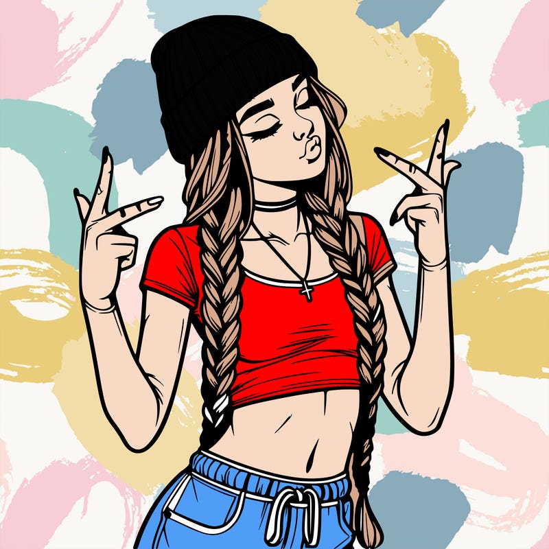 realistic teenage girl with braids and a beanie and crop top doing 🫶🏼