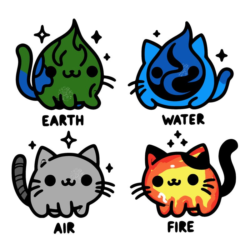 4 cats that represent the different elements, earth, water, air, and fire