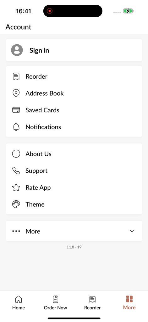 Bahar - Account screen of the Bahar food ordering app showing sign in options and user settings like address book and saved cards