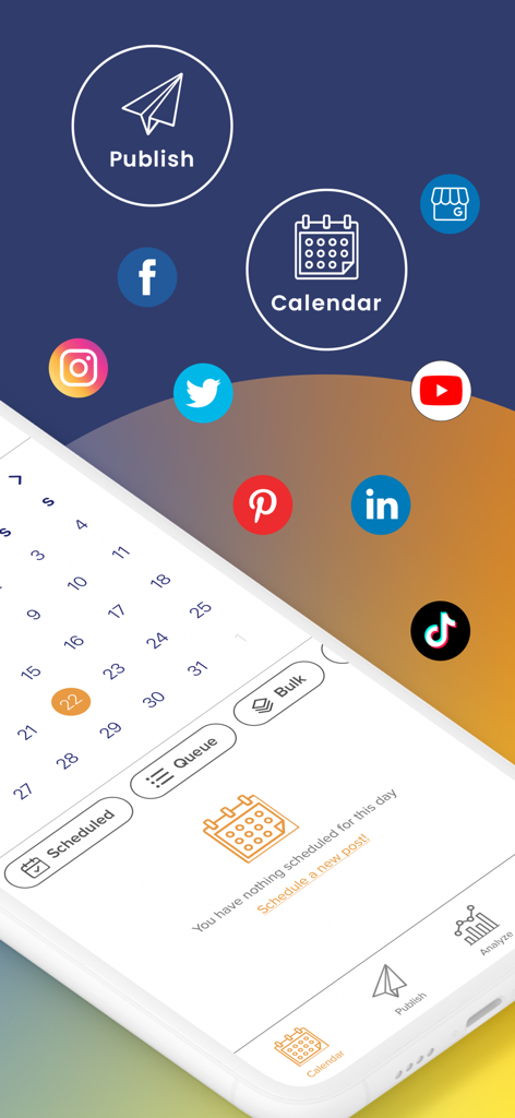 Social Champ: Social Media App - Social Champ mobile app interface showing a social media scheduling calendar and multiple platform icons including Instagram and TikTok