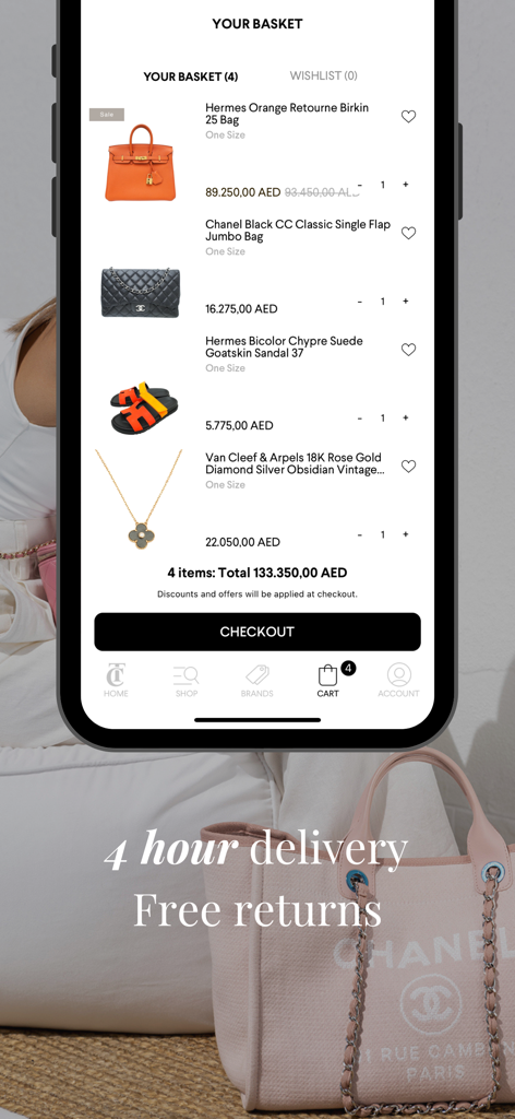 THE CLOSET - THE CLOSET app shopping cart displaying luxury items like Hermes Birkin and Chanel bags.
