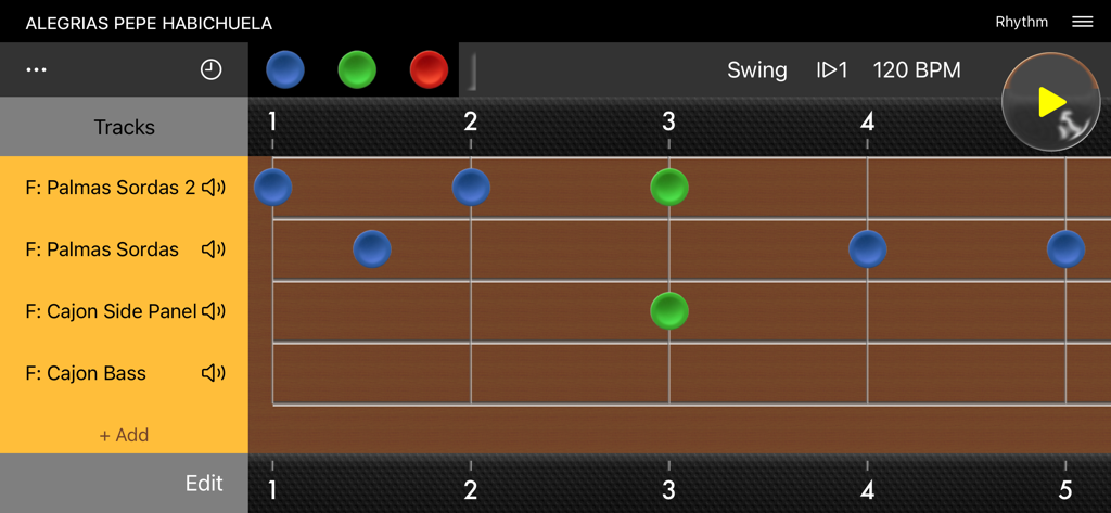Interfaz de la aplicación Beat Vibe mostrando un ritmo multipista programable para percusión flamenca.