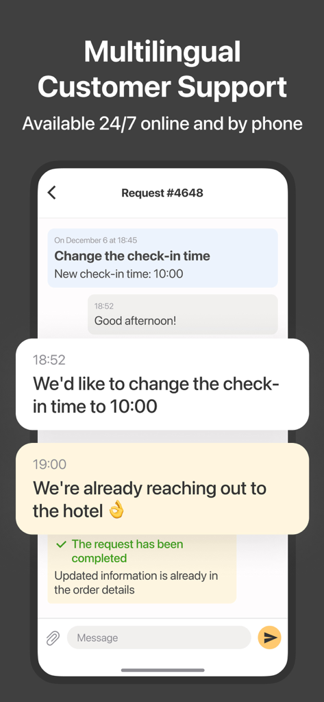 Ostrovok Komandirovki - Ostrovok Komandirovki App-Oberfläche, die einen 24/7 Kundensupport-Chat für eine Geschäftsreiseanfrage anzeigt.