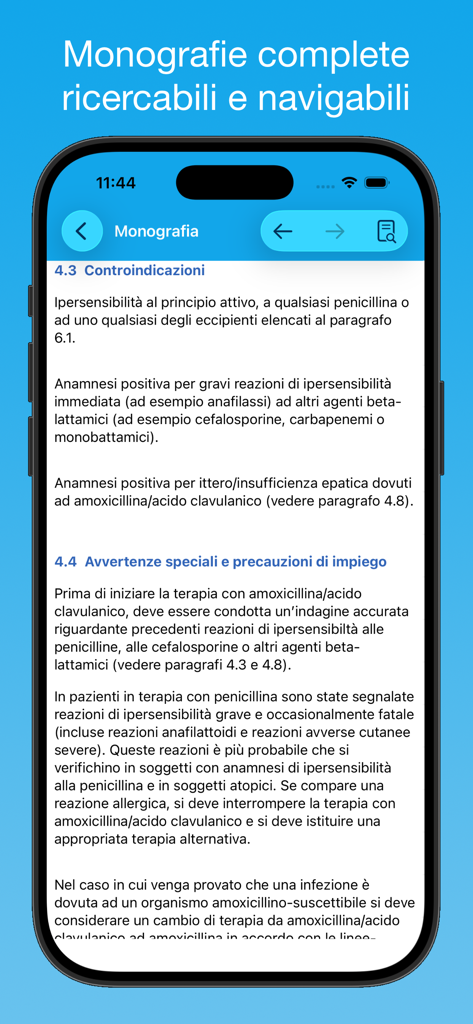 iFarmaci Premium - Pantalla detallada del monográfico de medicamentos en la aplicación médica iFarmaci Premium que muestra contraindicaciones y advertencias en italiano.