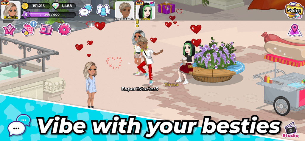 Avatars socializing in a virtual plaza with the text Vibe with your besties in MovieStarPlanet 2