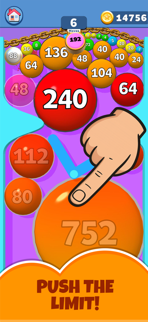 Puff Up - 숫자가 적힌 거품과 체인이 있는 Puff Up 모바일 게임에서 주황색 풍선을 부풀리는 손