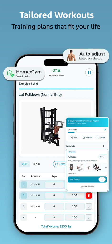 Calorii: All in One Fitness - Calorii app interface showing a tailored workout plan with exercise tracking and training programs