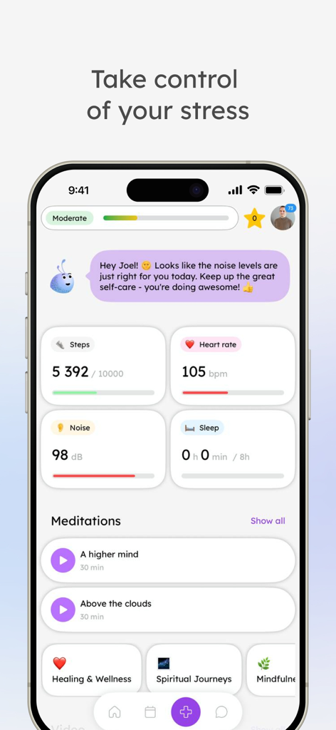 Mindory: AI Planner - Mindory AI planner health dashboard showing heart rate noise levels and meditation guides