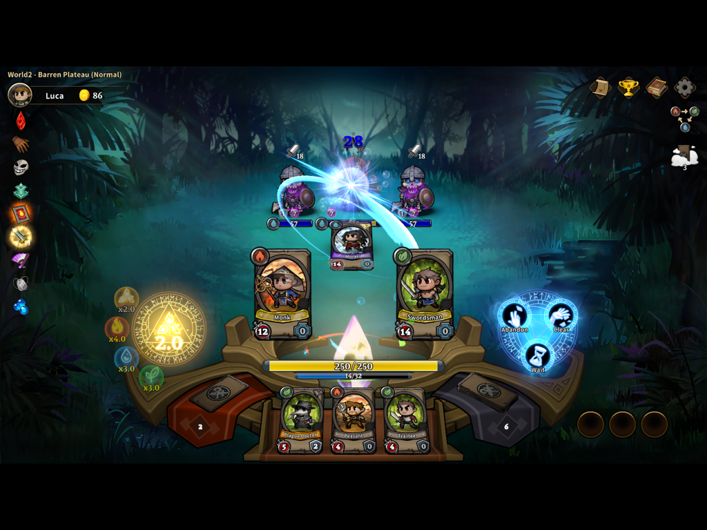 Heroes Wanted - Heroes Wanted gameplay showing strategic card combat with hero cards like Monk and Swordsman on an iPad screen