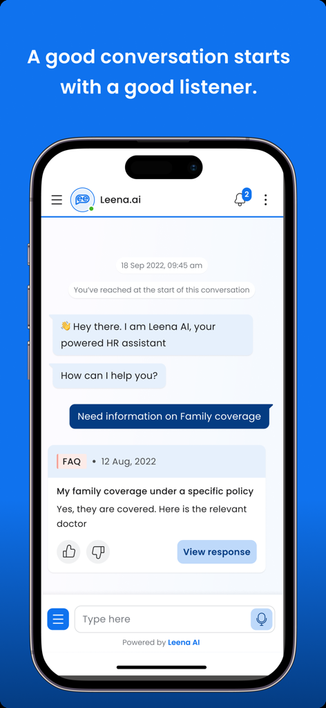 Leena AI mobile app interface showing a chatbot conversation about company family coverage policies
