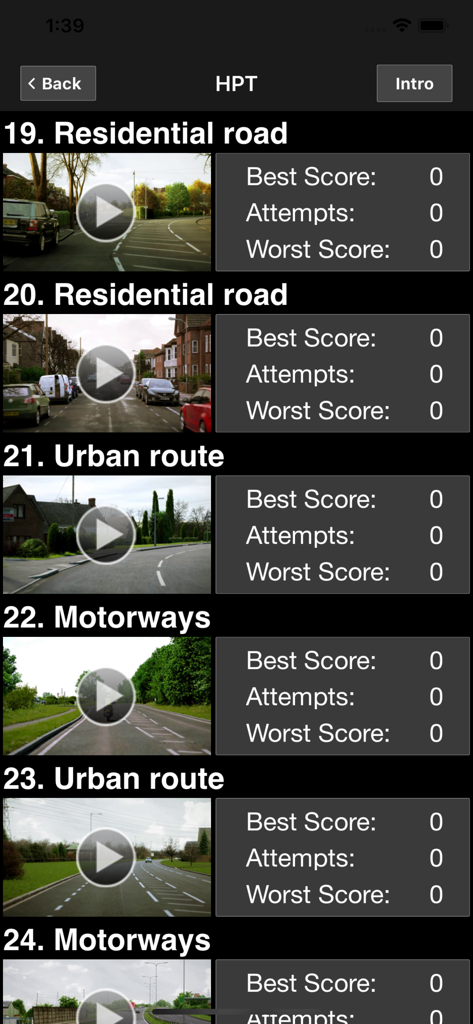 Hazard Perception Test menu showing video scenarios for residential roads urban routes and motorways with score tracking