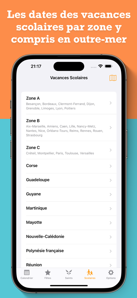 France Agenda - France Agenda app screen showing French school holiday dates for different zones and overseas territories