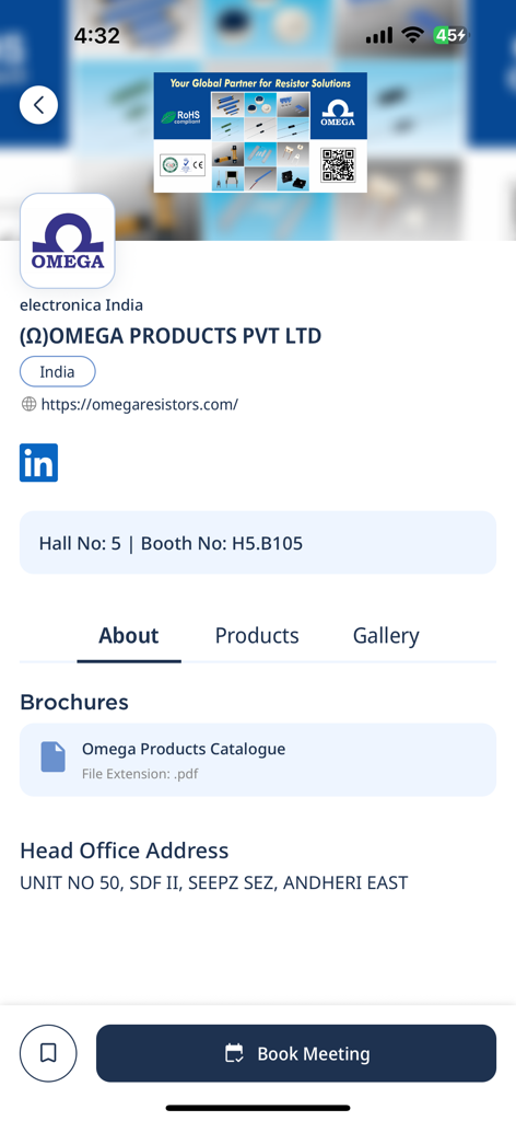 MMI One - Página de perfil de expositor do aplicativo MMI One para Omega Products mostrando localização do estande e botão para agendar reunião