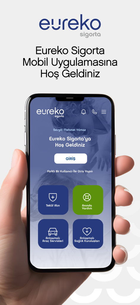 Eureko Sigorta mobile app welcome screen displaying insurance services for health vehicle and emergency assistance