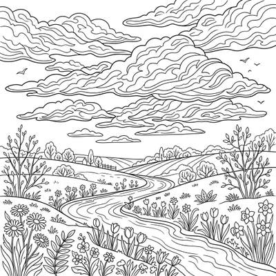 Explore the beauty of a spring day under fascinating altocumulus clouds. This detailed coloring page features blooming meadows and a peaceful stream, ready for your artistic touch.