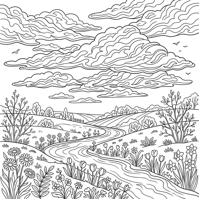 Explore the beauty of a spring day under fascinating altocumulus clouds. This detailed coloring page features blooming meadows and a peaceful stream, ready for your artistic touch.