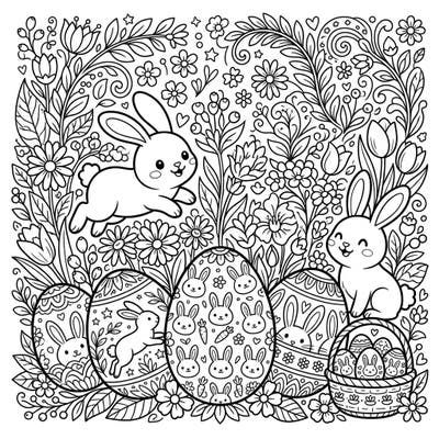 Dive into the festive spirit with this delightful Easter coloring page, featuring charming bunny-decorated eggs and playful bunnies amidst a garden of spring blossoms. It's the perfect activity to celebrate the joy and renewal of the Easter season.