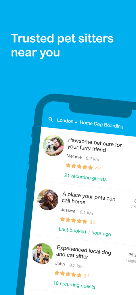 Pawshake - Dog & Pet Sitter - Pawshake mobile app screen displaying a list of local pet sitters with ratings and guest history