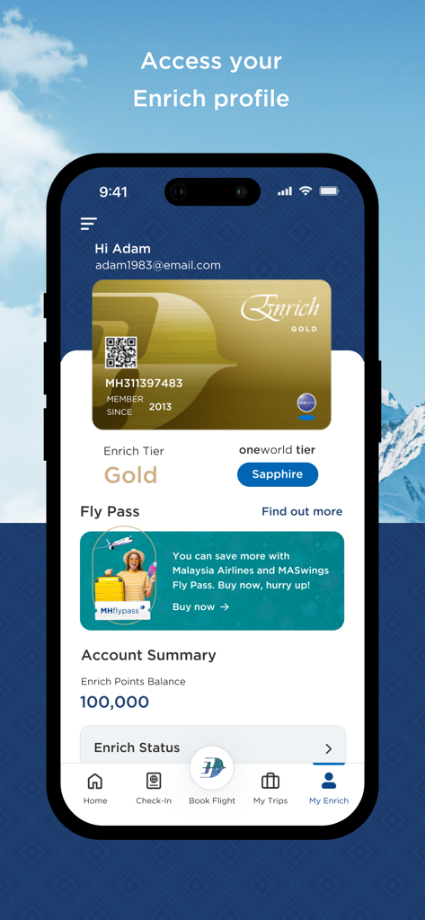 Schermata dell'app Malaysia Airlines che visualizza i dettagli dell'iscrizione fedeltà Enrich Gold, inclusi saldo punti e stato oneworld.