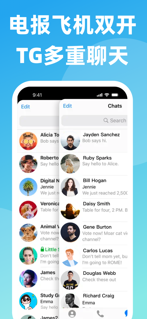 Interface of the TeleMessenger app showing dual Telegram account management with multiple chat lists.