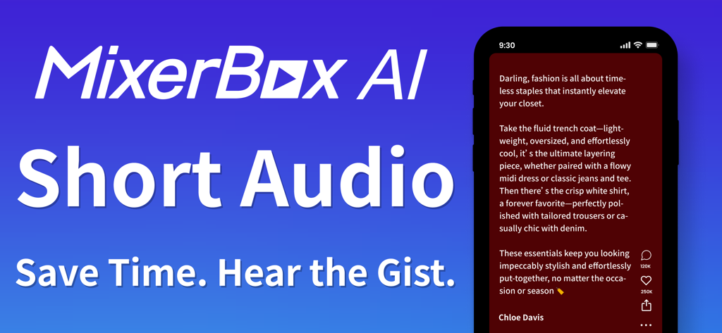 MixerBox AI app interface showing short audio highlights and text summaries to save time