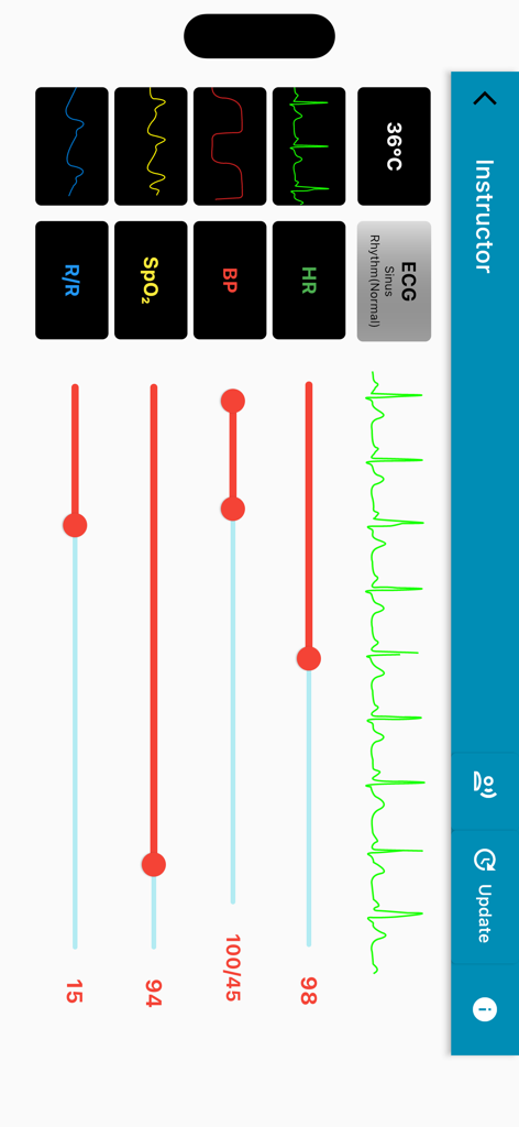 Simman - Instruktor-Oberfläche der Simman-App mit Schiebereglern für Herzfrequenz, Blutdruck und Sauerstoffsättigung für medizinische Simulationen