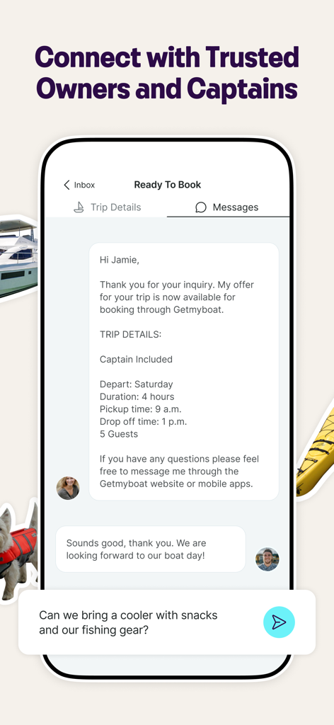 Getmyboat - In-App-Messaging-Oberfläche von Getmyboat, die eine Konversation zwischen einem Mieter und einem Bootsbesitzer über die Reisedetails zeigt