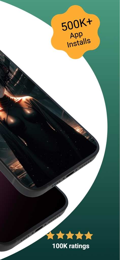 Pantalla de la aplicación Generador de Arte IA Perchance mostrando más de 500K instalaciones y 100K valoraciones de cinco estrellas.