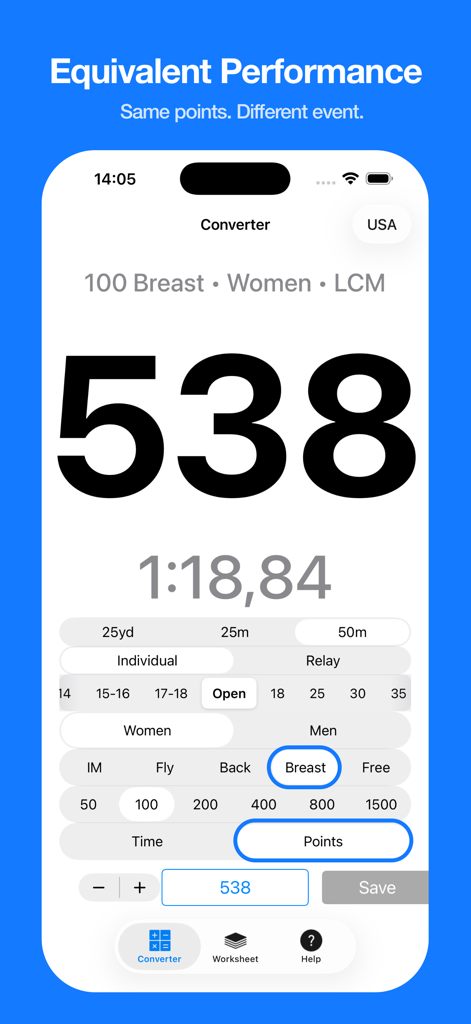 SwimX - Swim Time Converter - SwimX app interface showing equivalent performance points calculation for a women's 100m breaststroke swim