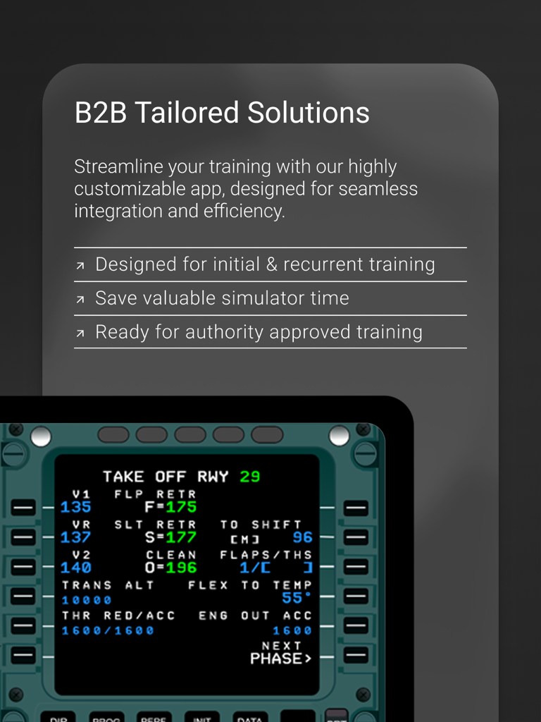 A330 FMS Trainer PRO interface showing takeoff performance data and B2B professional pilot training benefits