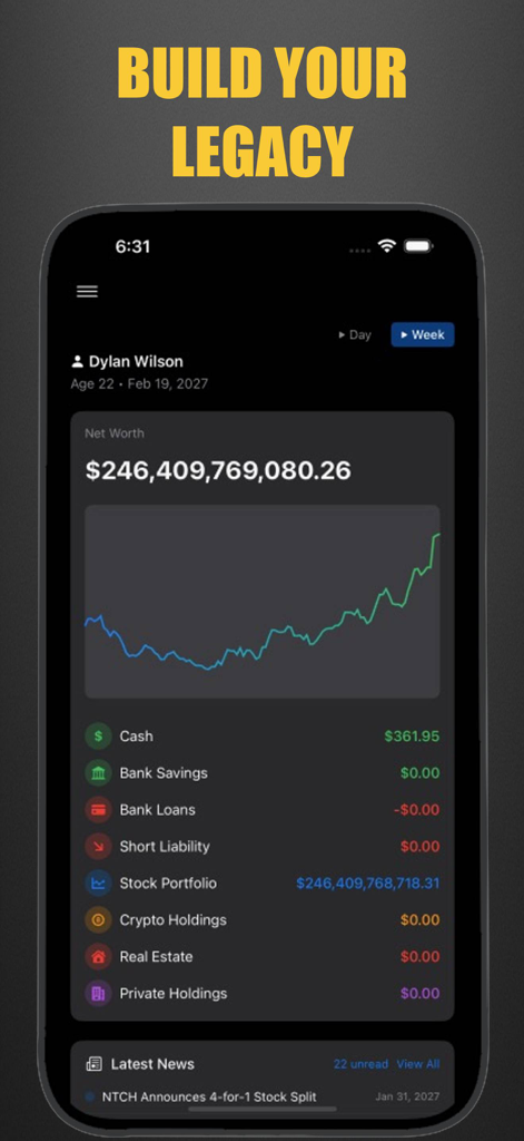 Invest Sim: Stock & Biz Tycoon - A screen from Invest Sim showing a multi billion dollar net worth and investment portfolio performance chart