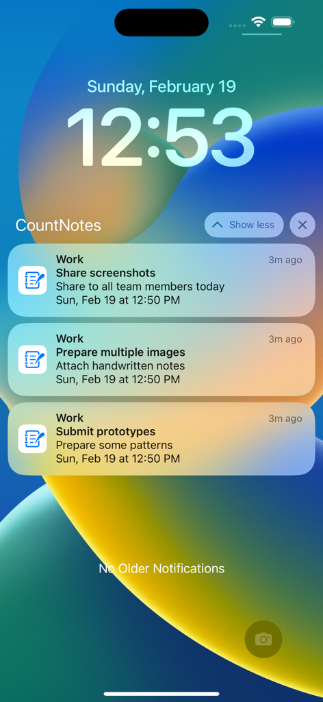 Word Count Notes, Word Counter - iPhone lock screen showing multiple task notifications and reminders from the Word Count Notes app.