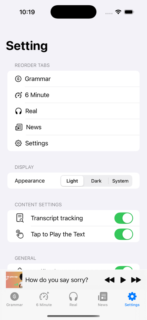 Grammar English Podcast - Grammar English Podcastアプリの設定メニュー。外観とコンテンツのカスタマイズオプションを表示。
