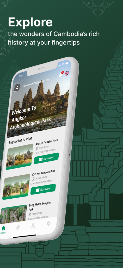 Angkor-Pass - Smartphone displaying the Angkor-Pass app home screen with ticket booking options for Cambodian temple parks