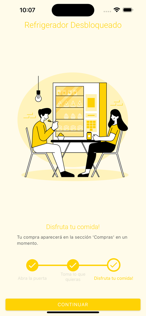 Pantalla de confirmación de la aplicación Clean Meal que muestra una ilustración de dos personas comiendo juntas junto a un frigorífico inteligente